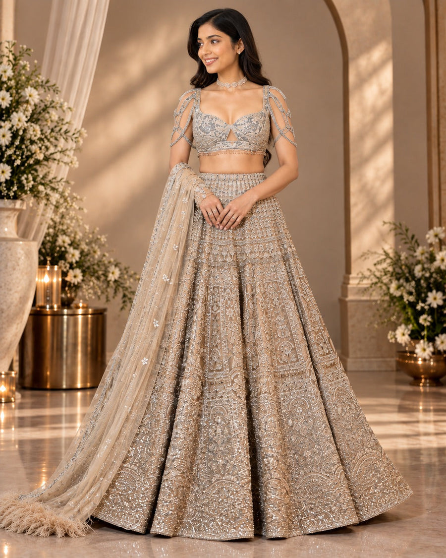 Champagne gold embroidered lehenga set for Diwali