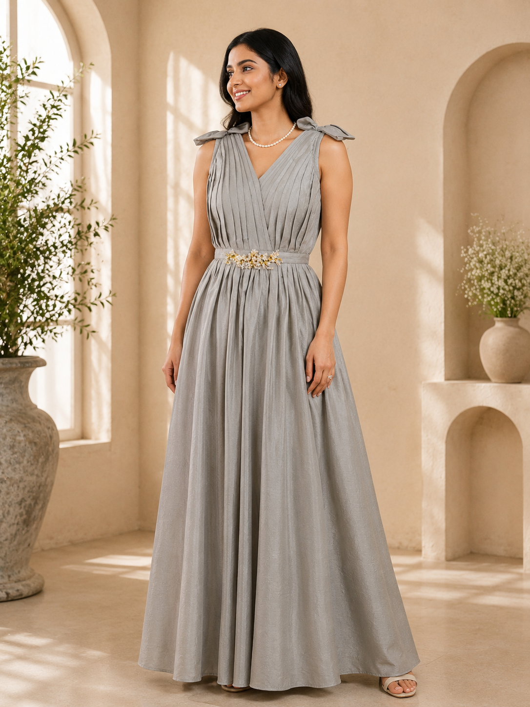 Pearl Mist custom-made pleated gown by Silai Parampara Studio