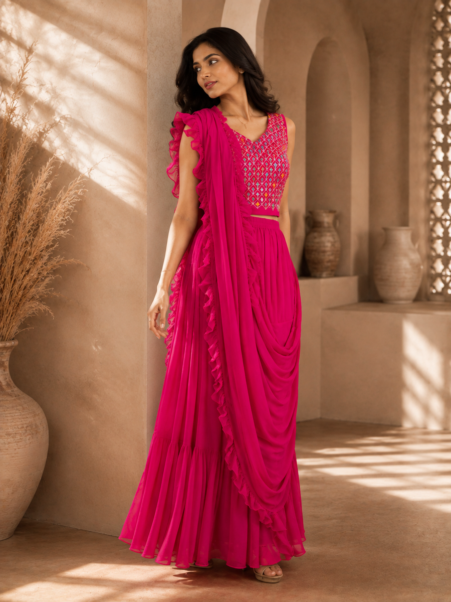 Rani pink draped ruffle saree set for Karva Chauth