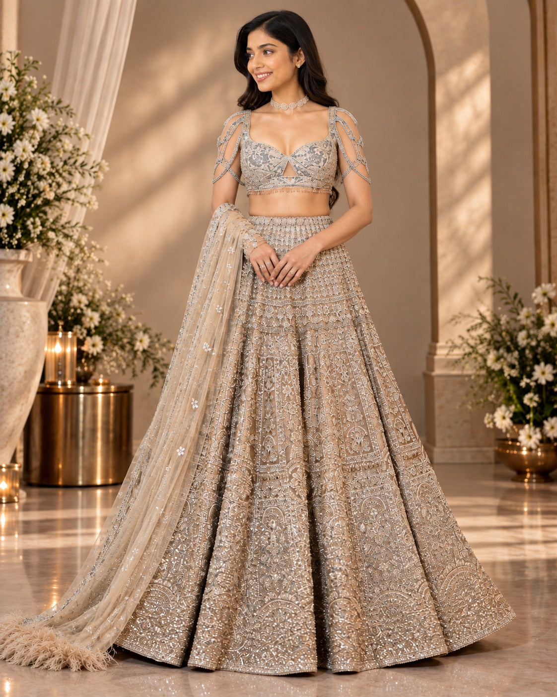 Champagne gold embroidered lehenga set for Diwali