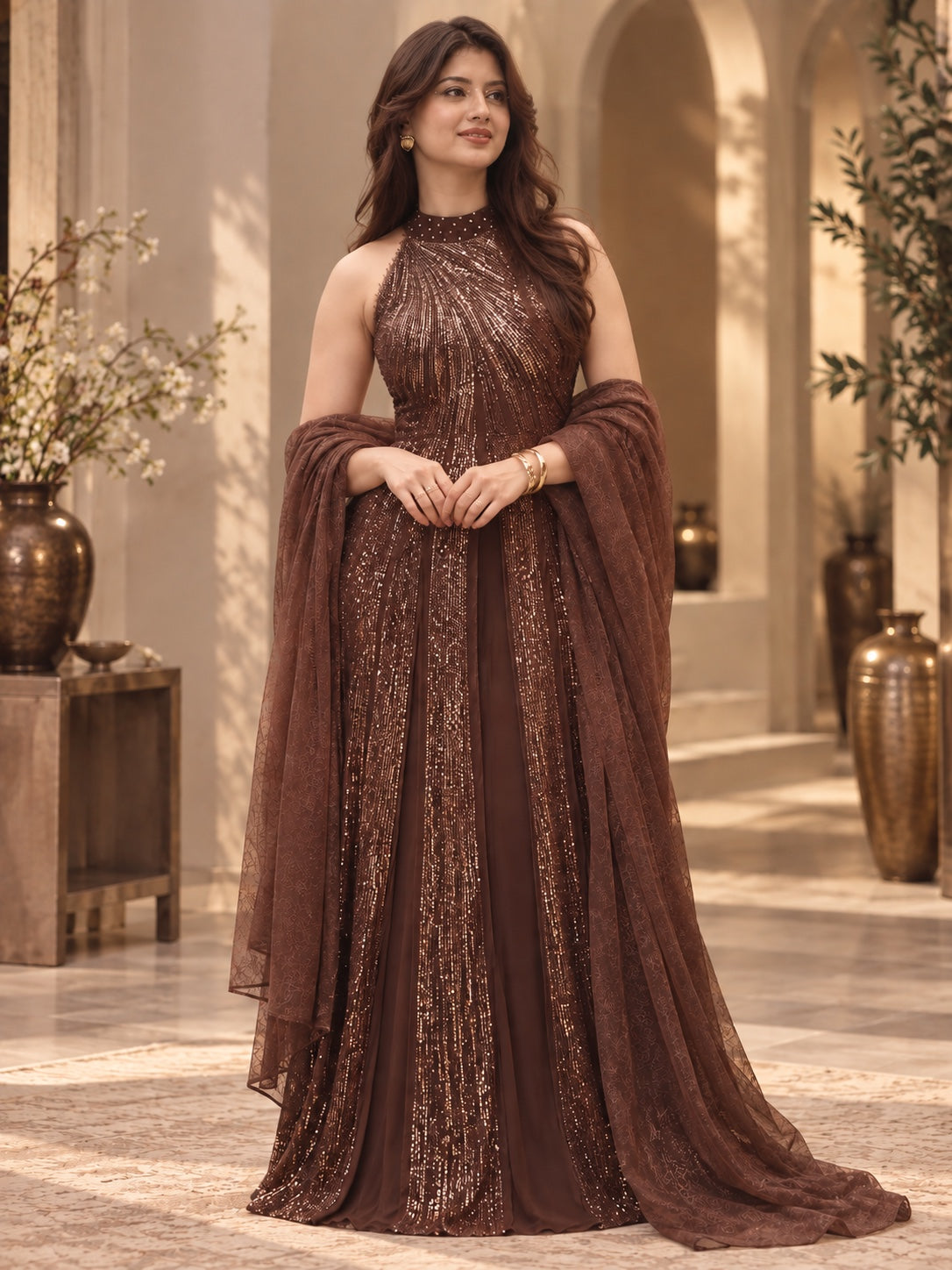 Chocolate Brown Sequin Embellished Gown with Dupatta