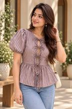 Lavender striped peplum top front view