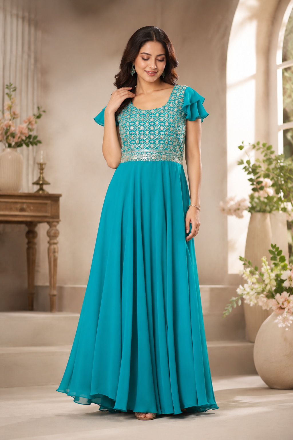 Turquoise zari embroidered flare gown
