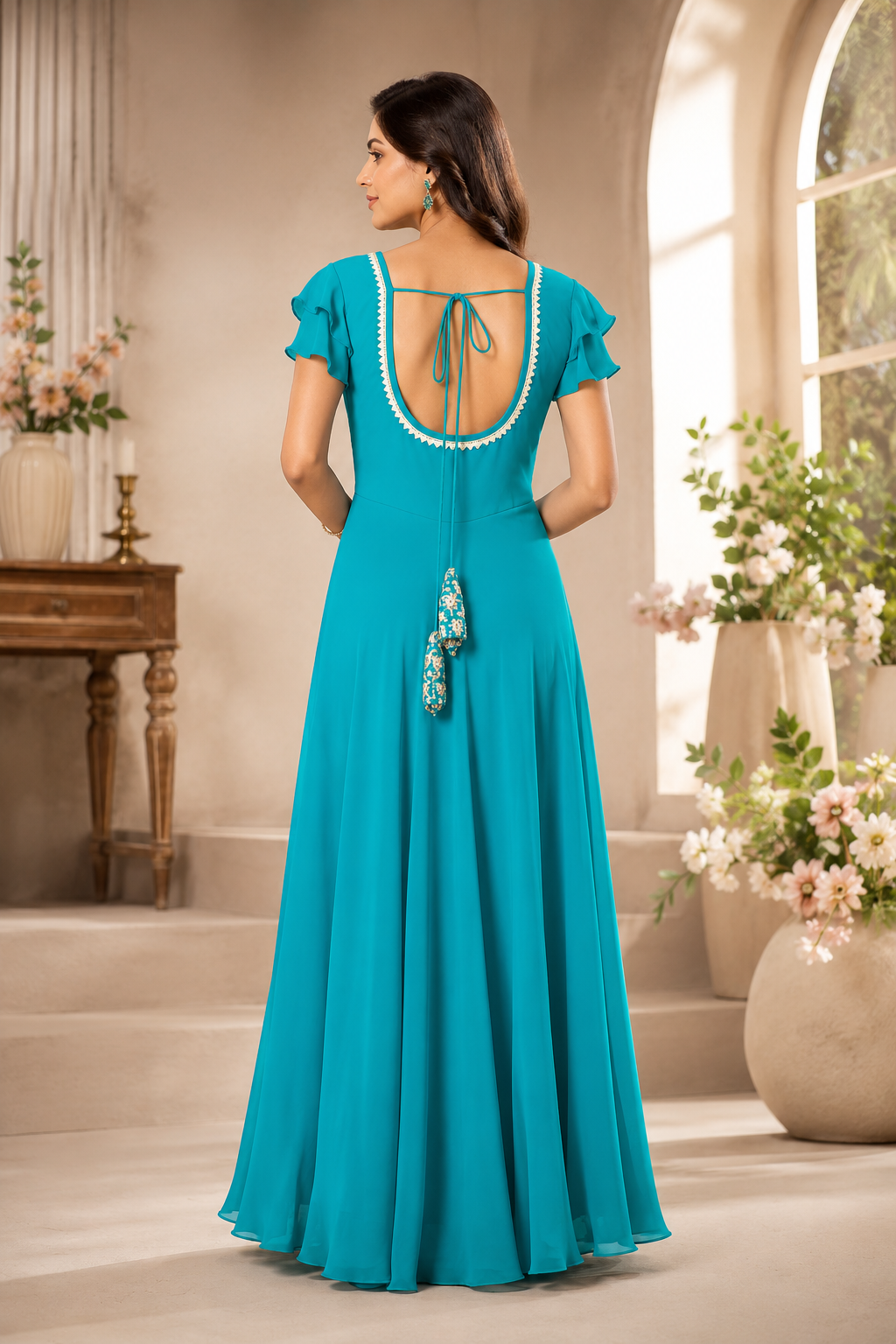 Turquoise zari embroidered flare gown