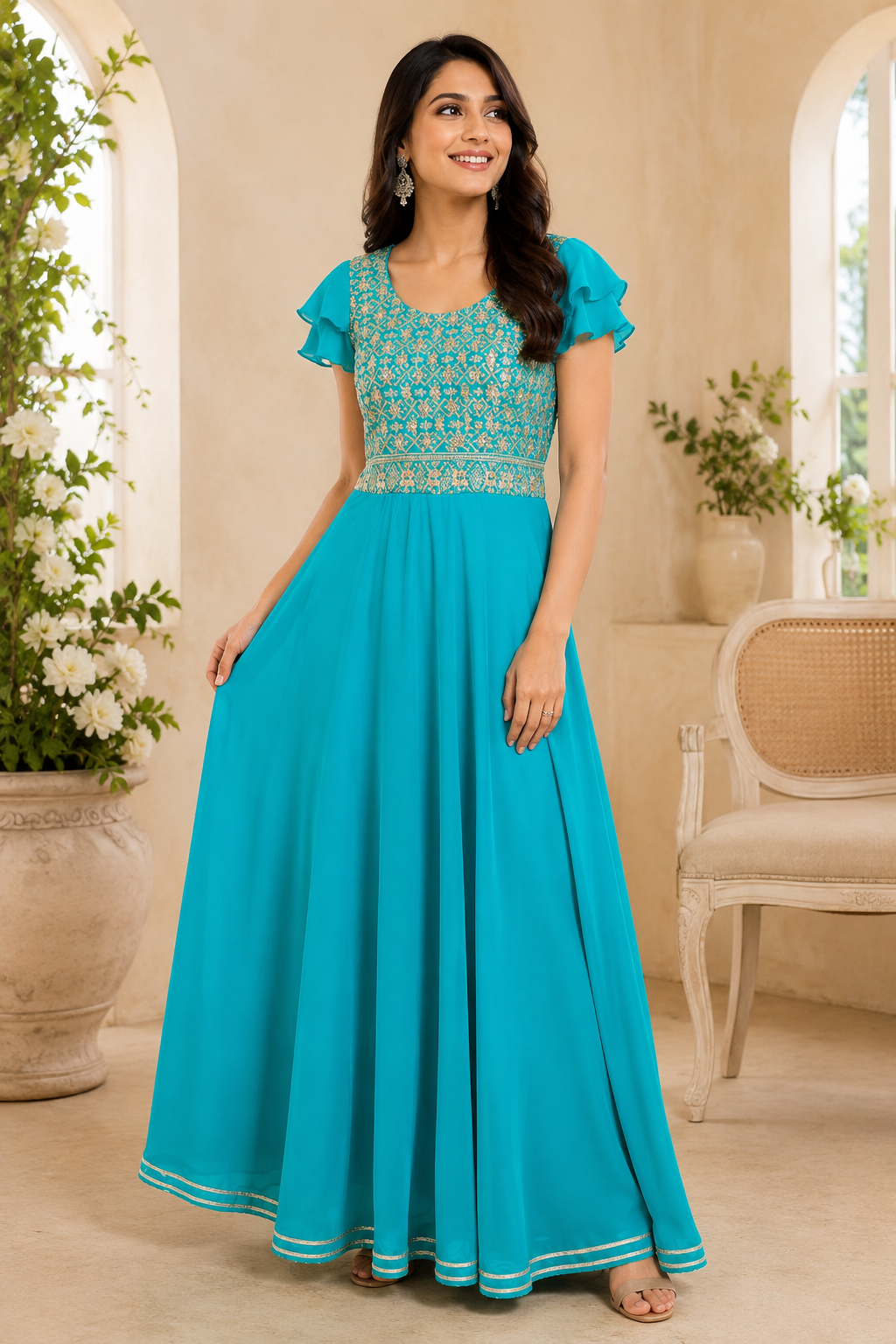 Turquoise zari embroidered flare gown