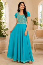 Turquoise zari embroidered flare gown