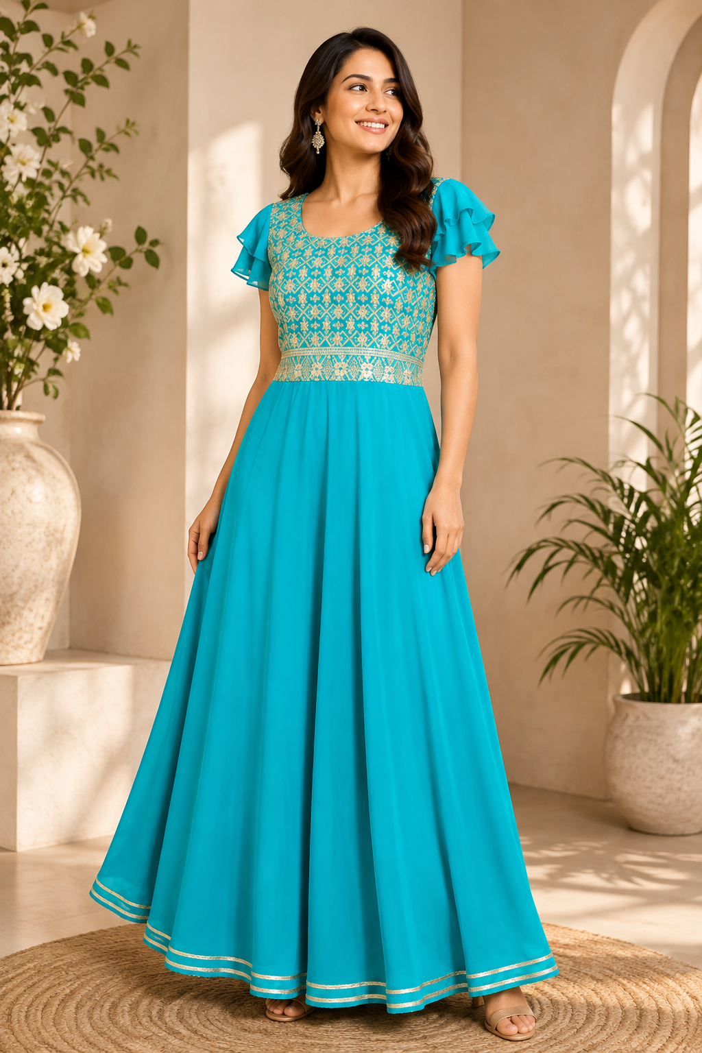 Turquoise zari embroidered flare gown