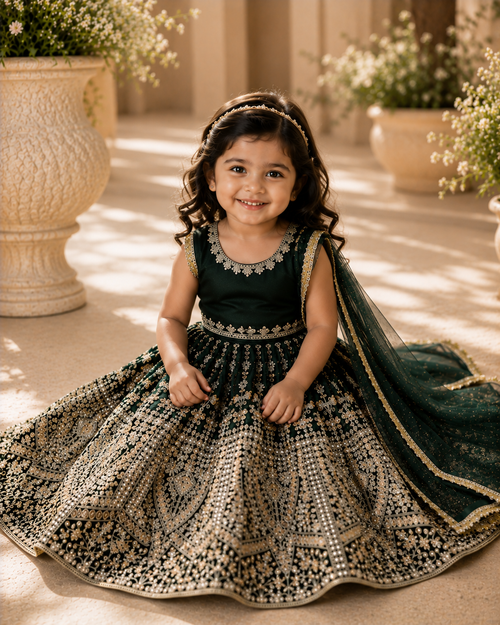 Emerald Green & Gold Embroidered Kids Lehenga Set