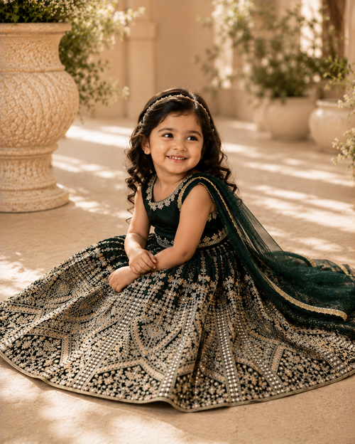 Emerald green and gold embroidered kids lehenga set