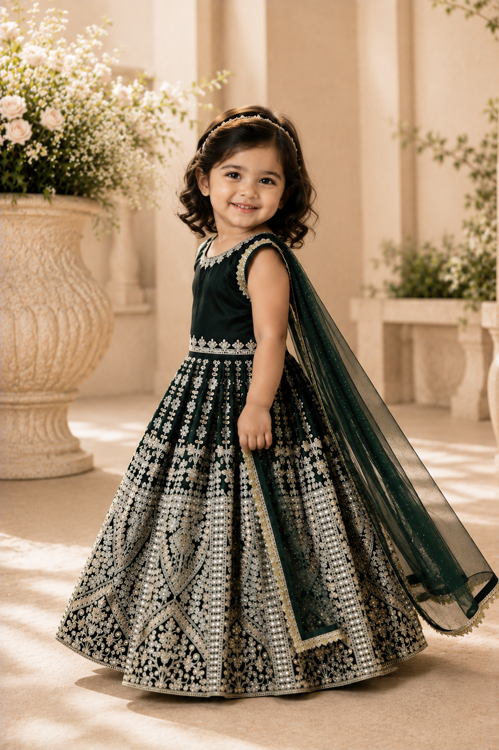 Emerald green and gold embroidered kids lehenga set