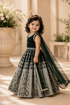 Emerald green and gold embroidered kids lehenga set