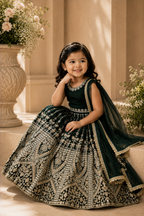 Emerald green and gold embroidered kids lehenga set