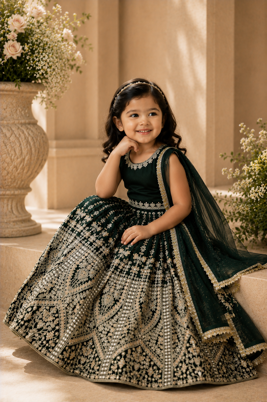 Emerald green and gold embroidered kids lehenga set