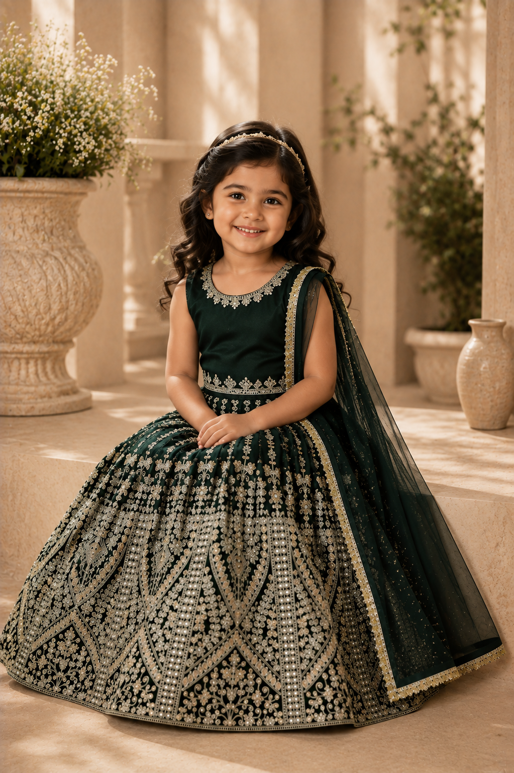 Emerald green and gold embroidered kids lehenga set