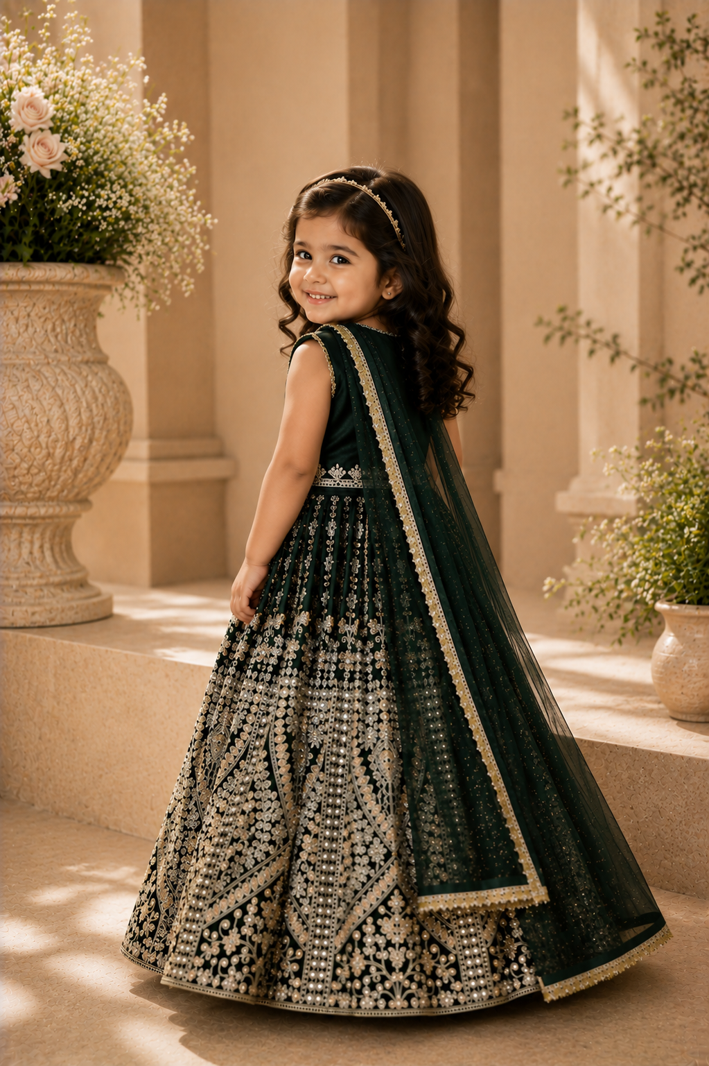 Emerald green and gold embroidered kids lehenga set