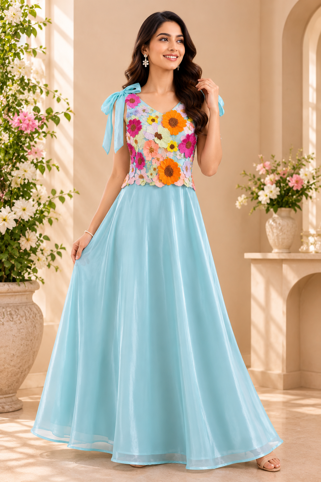 Azure Bloom 3D floral occasion gown