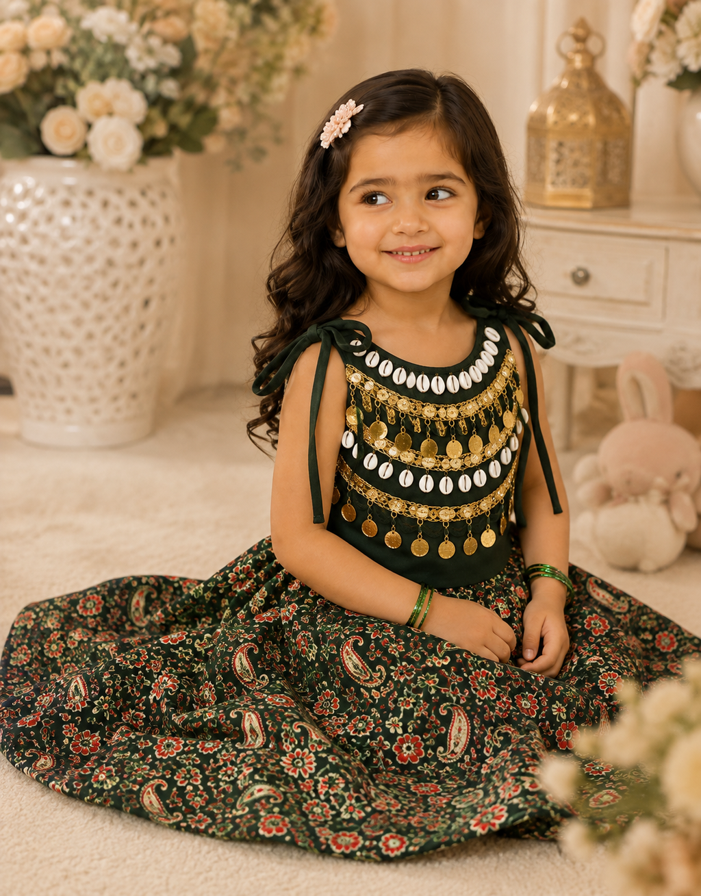 Forest green floral festive lehenga set for girls