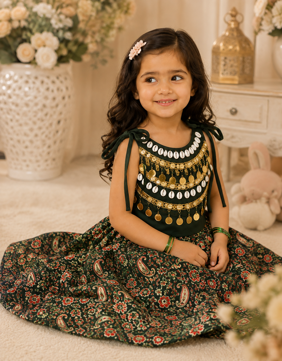 Forest green floral festive lehenga set for girls