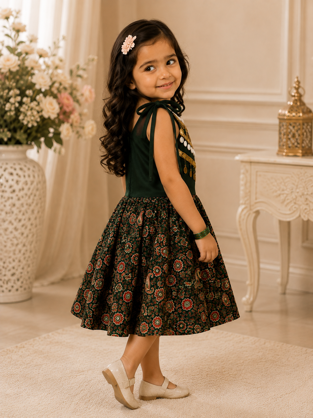 Forest green floral festive lehenga set for girls
