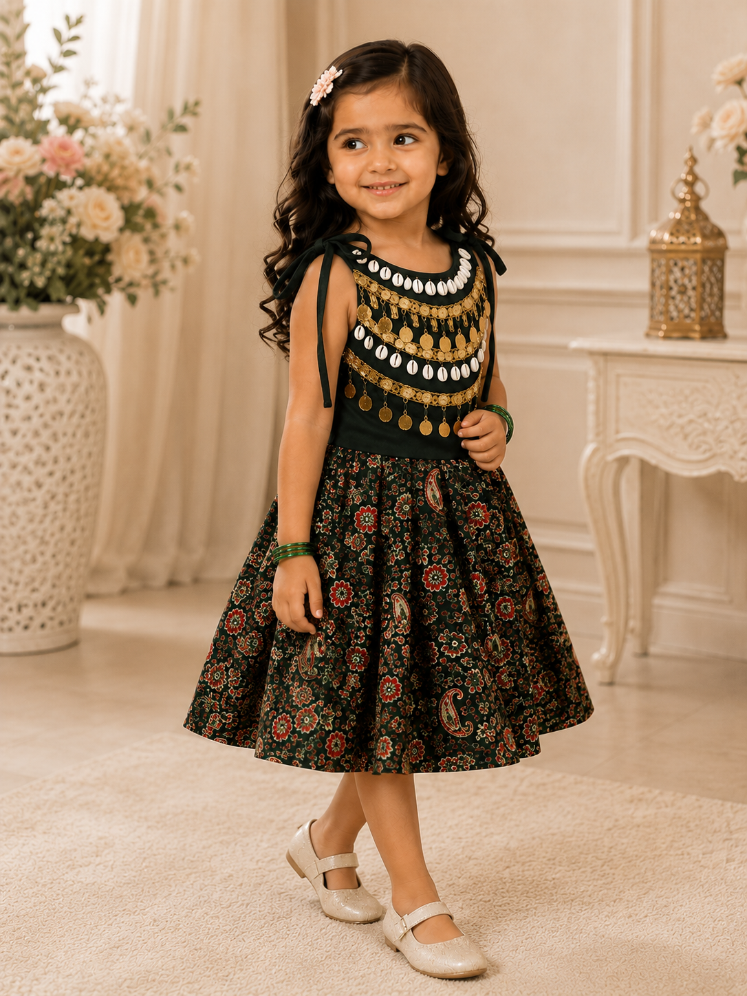 Forest green floral festive lehenga set for girls