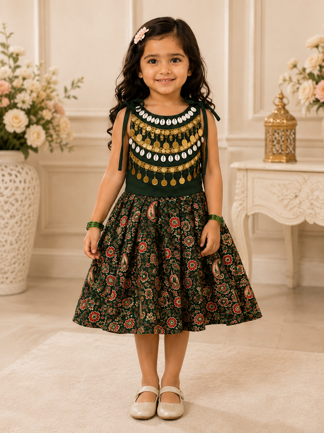 Forest green floral festive lehenga set for girls