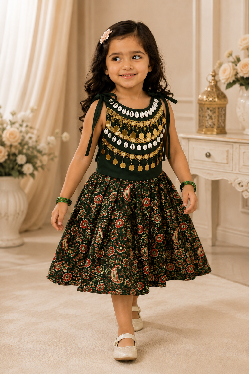 Forest green floral festive lehenga set for girls