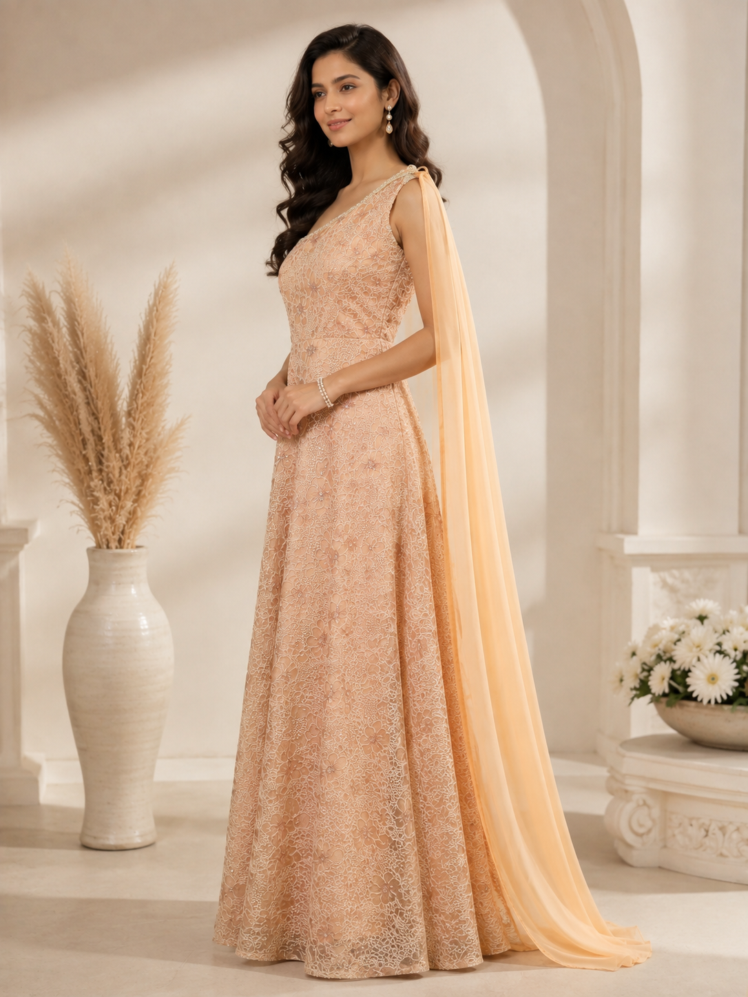 Champagne gold embroidered mother and daughter gown set
