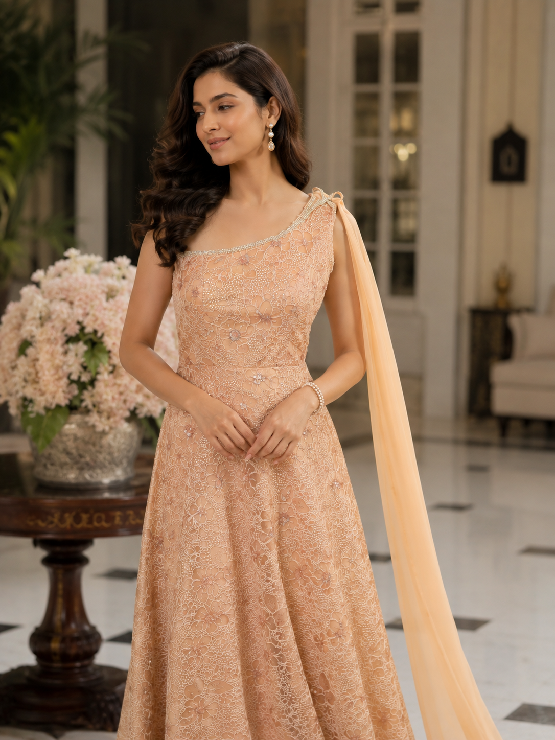 Champagne gold embroidered mother and daughter gown set