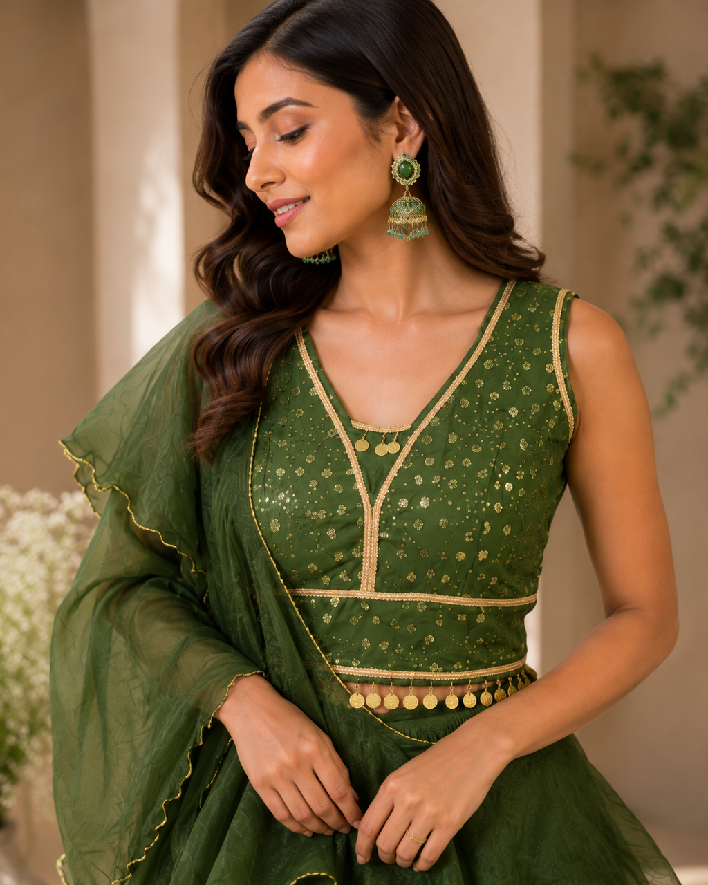 Olive green mehndi lehenga set with gold detailing