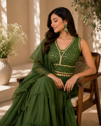 Olive green mehndi lehenga set with gold detailing