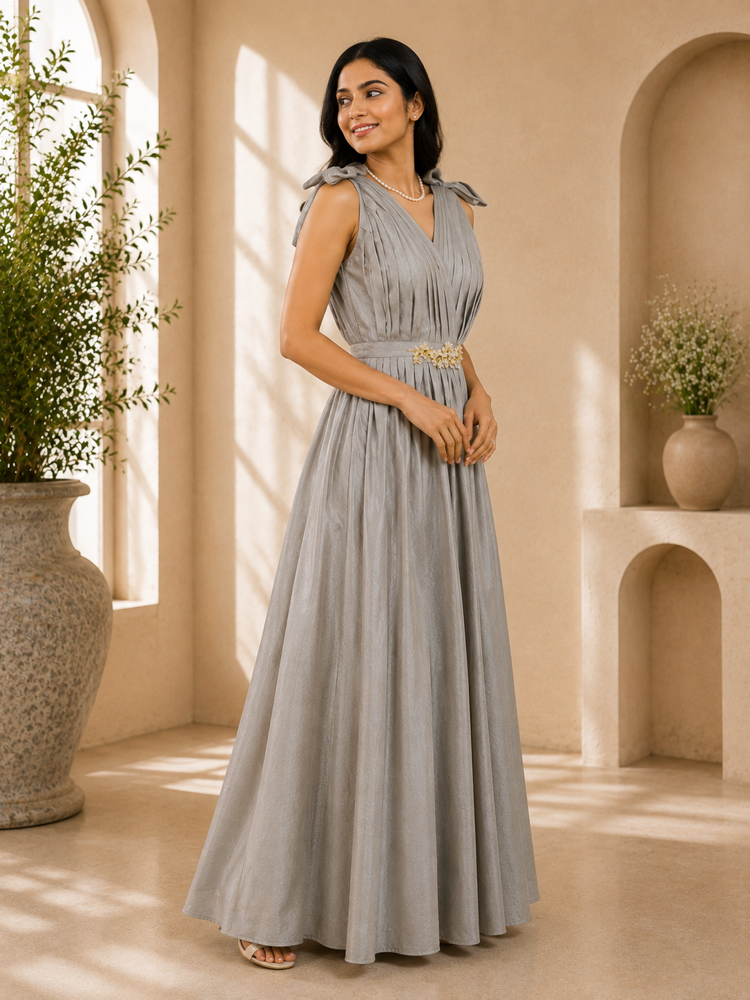 Pearl Mist custom-made pleated occasion gown