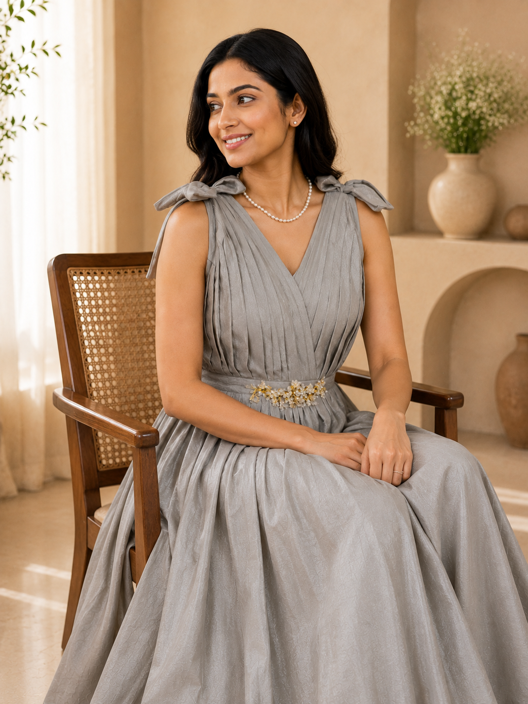 Pearl Mist custom-made pleated occasion gown