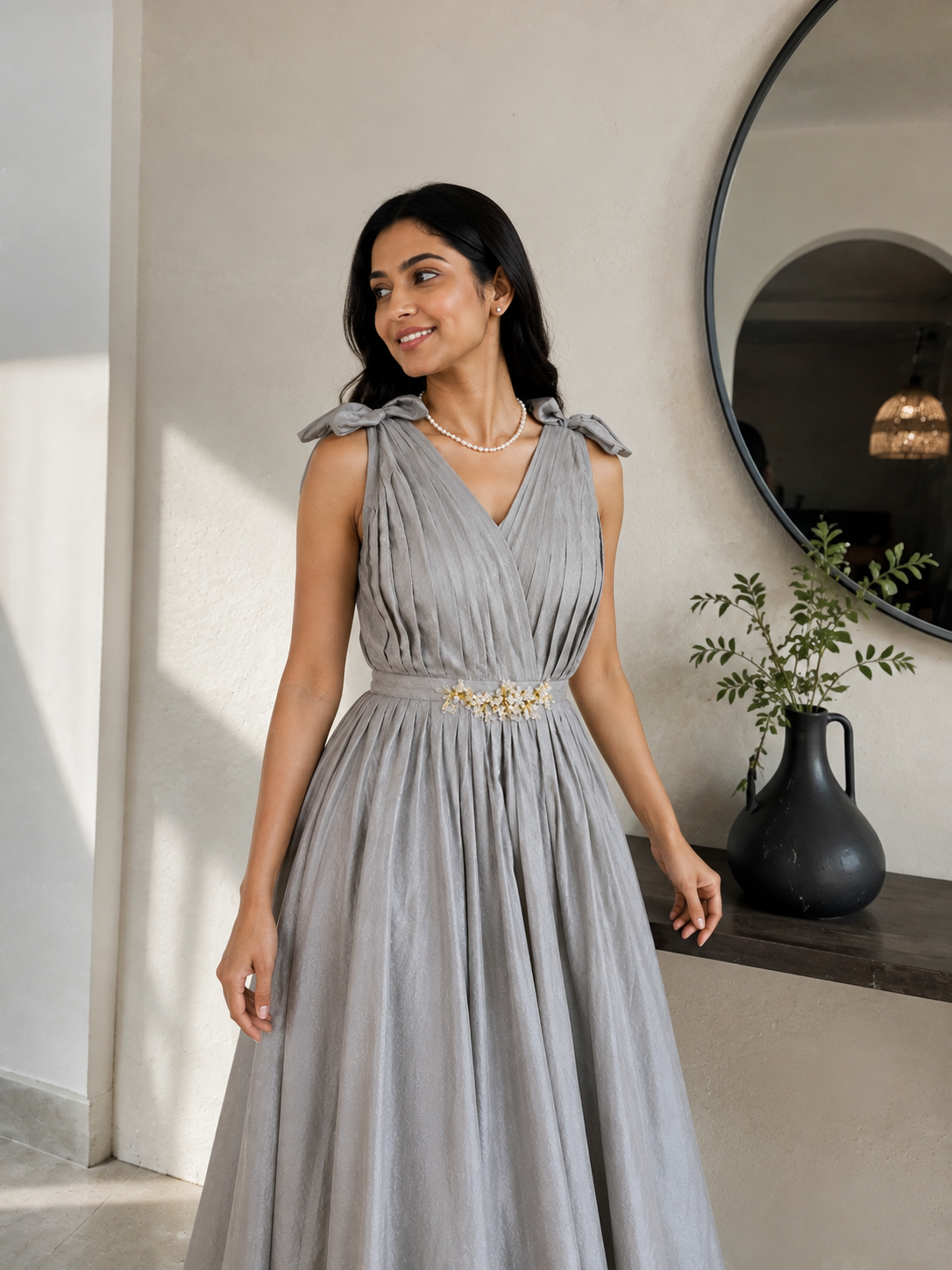Pearl Mist custom-made pleated occasion gown