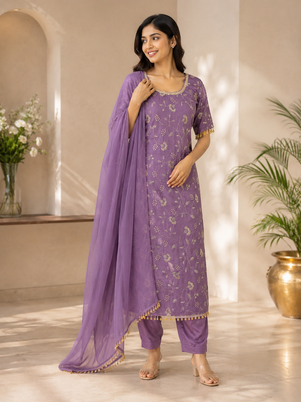 Lilac Bloom embroidered kurta set with dupatta