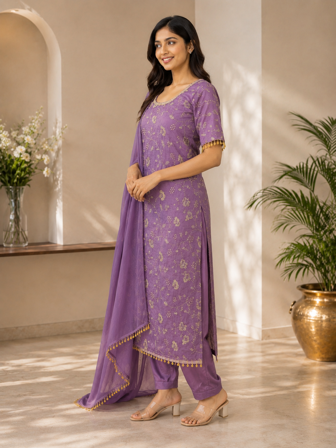 Lilac Bloom embroidered kurta set with dupatta