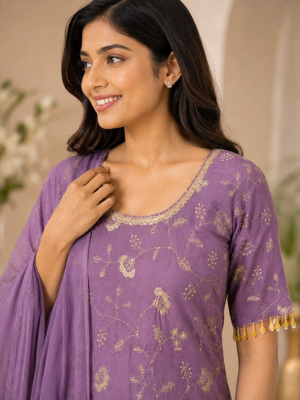 Lilac Bloom embroidered kurta set with dupatta