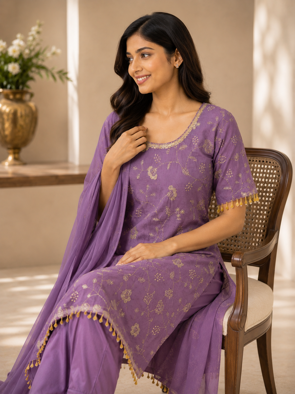 Lilac Bloom embroidered kurta set with dupatta