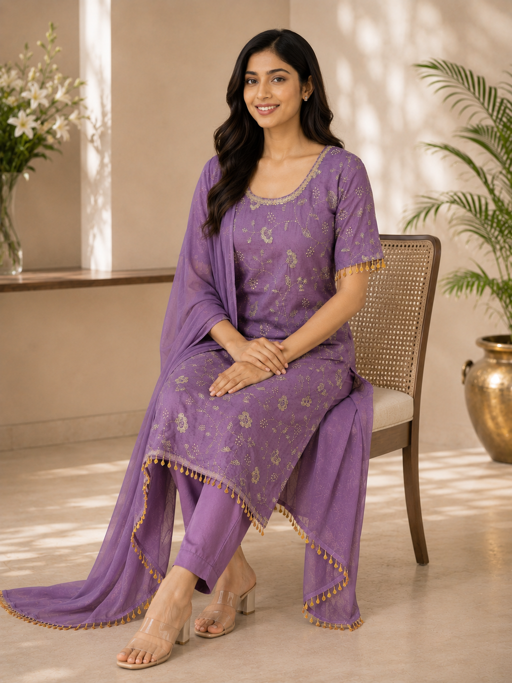 Lilac Bloom embroidered kurta set with dupatta