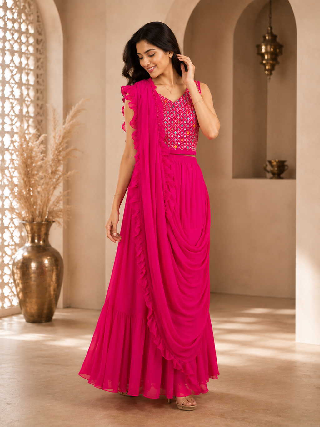 Rani pink draped ruffle saree set