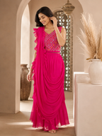 Rani pink draped ruffle saree set