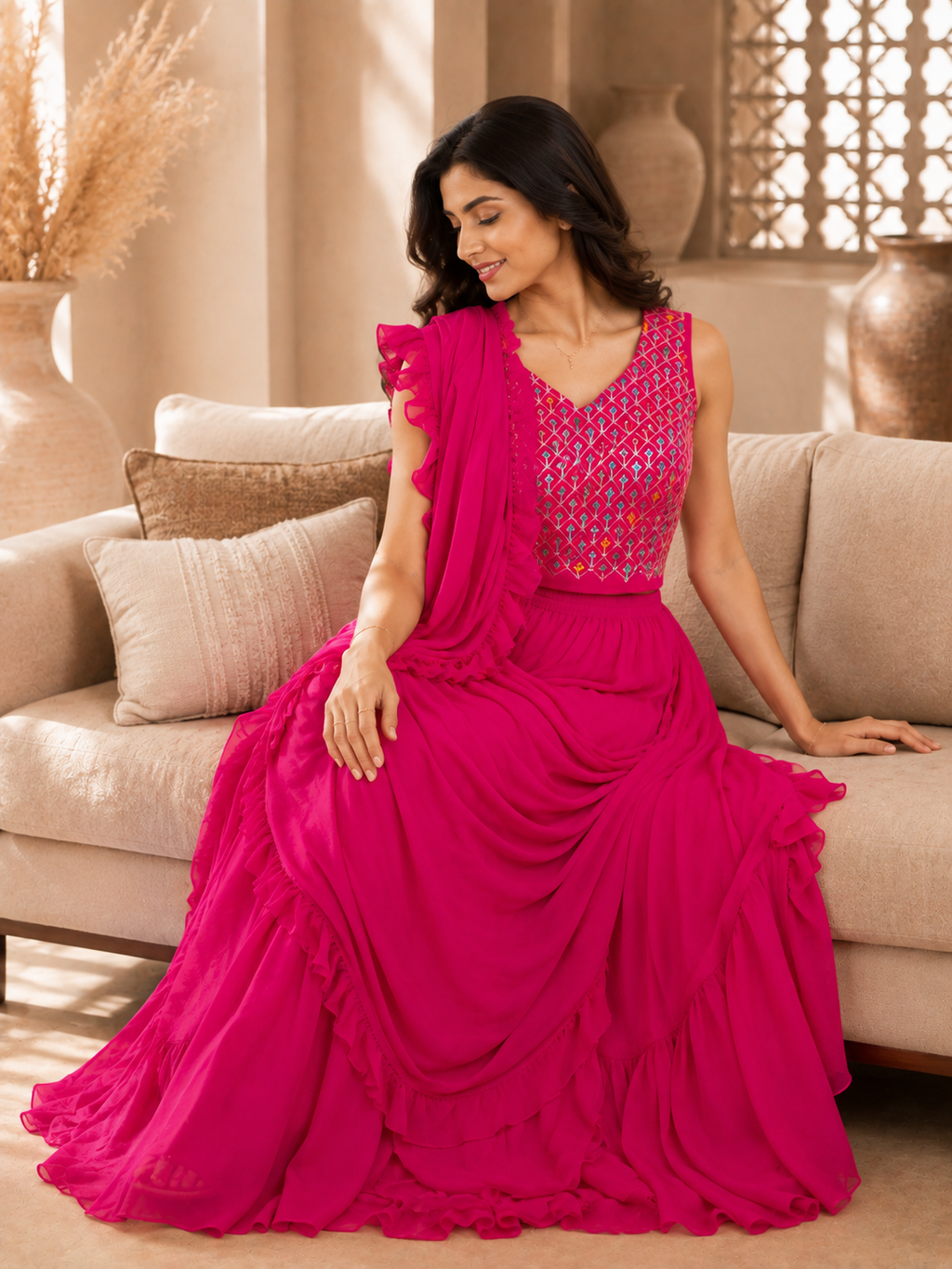 Rani pink draped ruffle saree set