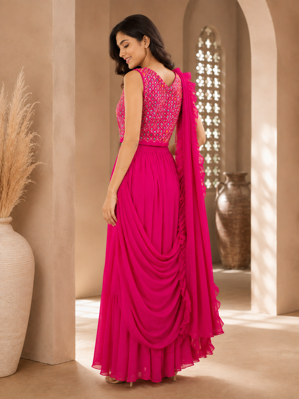 Rani pink draped ruffle saree set