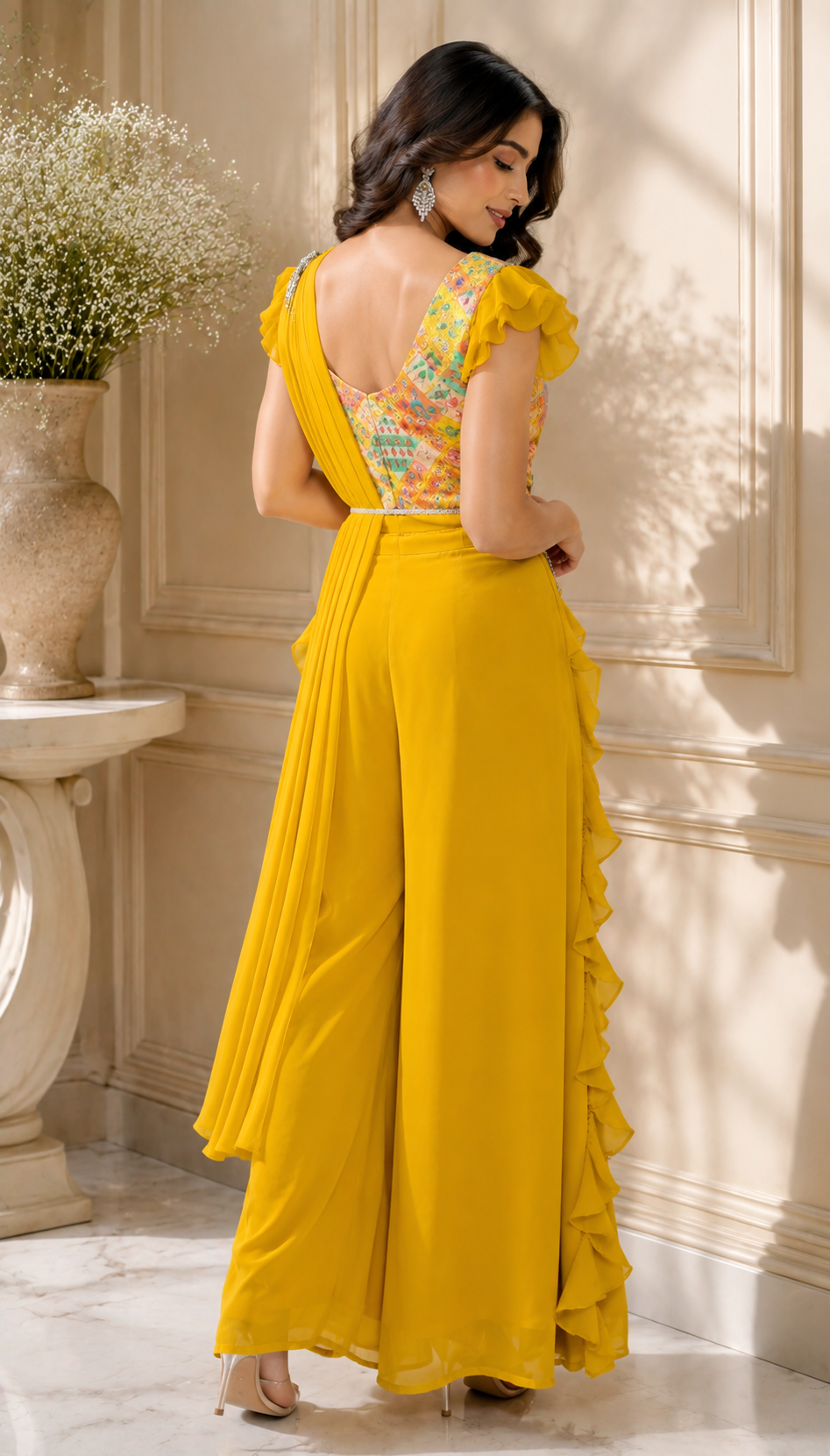 Sunshine yellow draped ruffle co-ord set