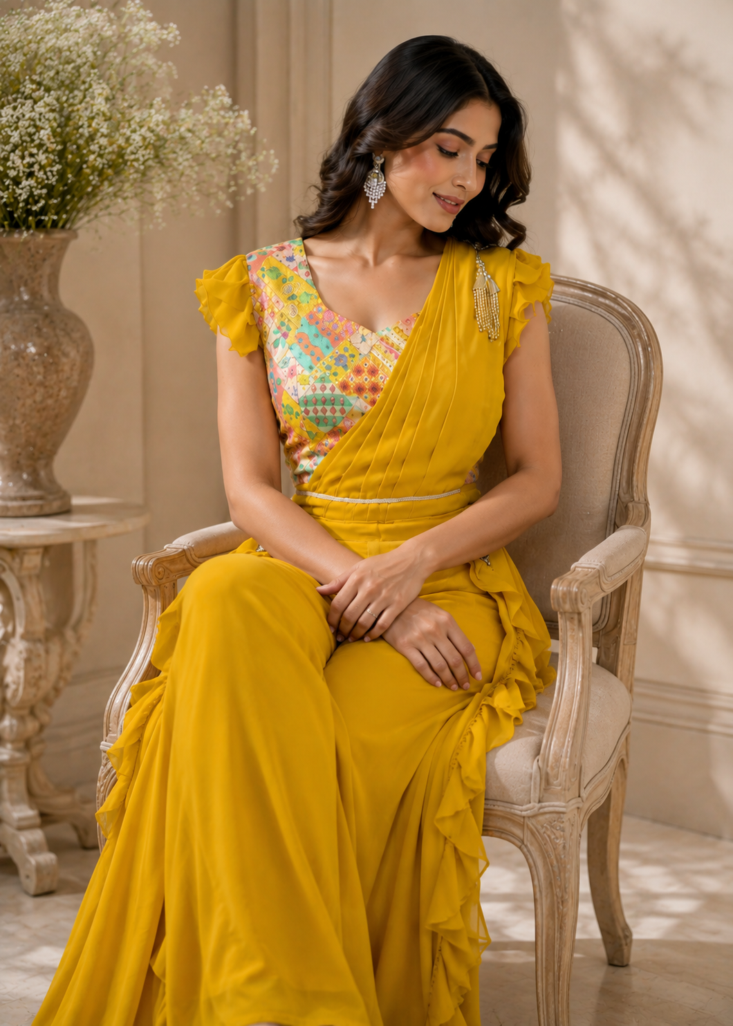 Sunshine yellow draped ruffle co-ord set