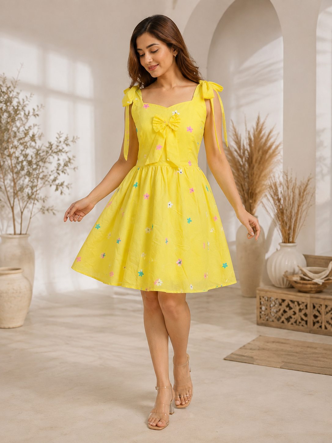 Sunshine floral bow dress in yellow
