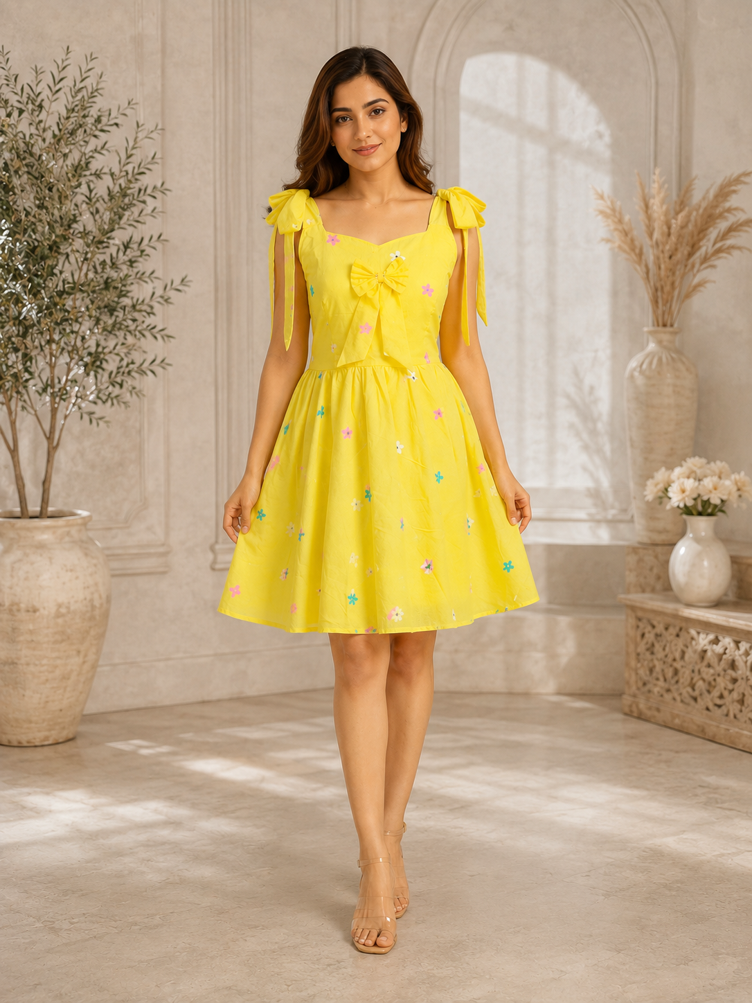 Sunshine floral bow dress in yellow