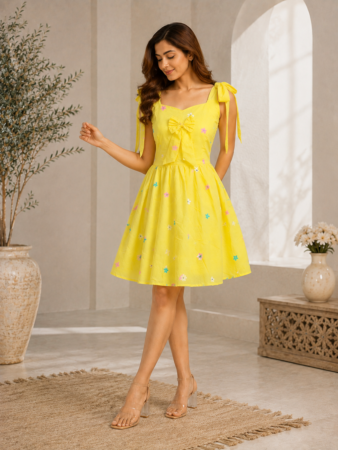 Sunshine floral bow dress in yellow
