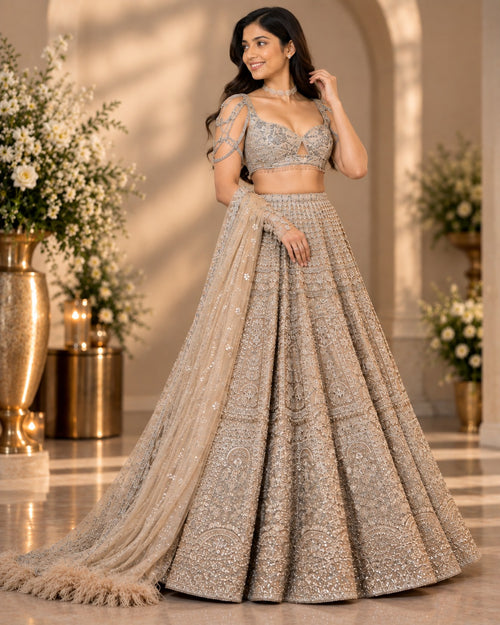 Front view of champagne gold embroidered lehenga choli with matching dupatta by Silai Parampara Studio