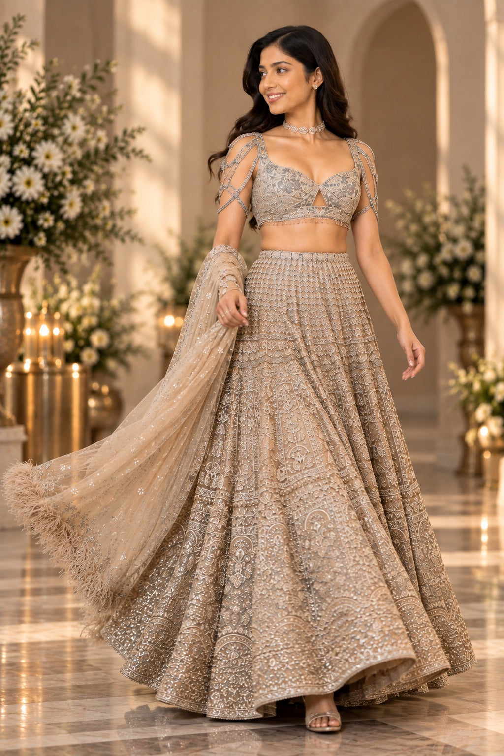 Detailed front view of champagne gold embroidered bridal lehenga with intricate embroidery and dupatta