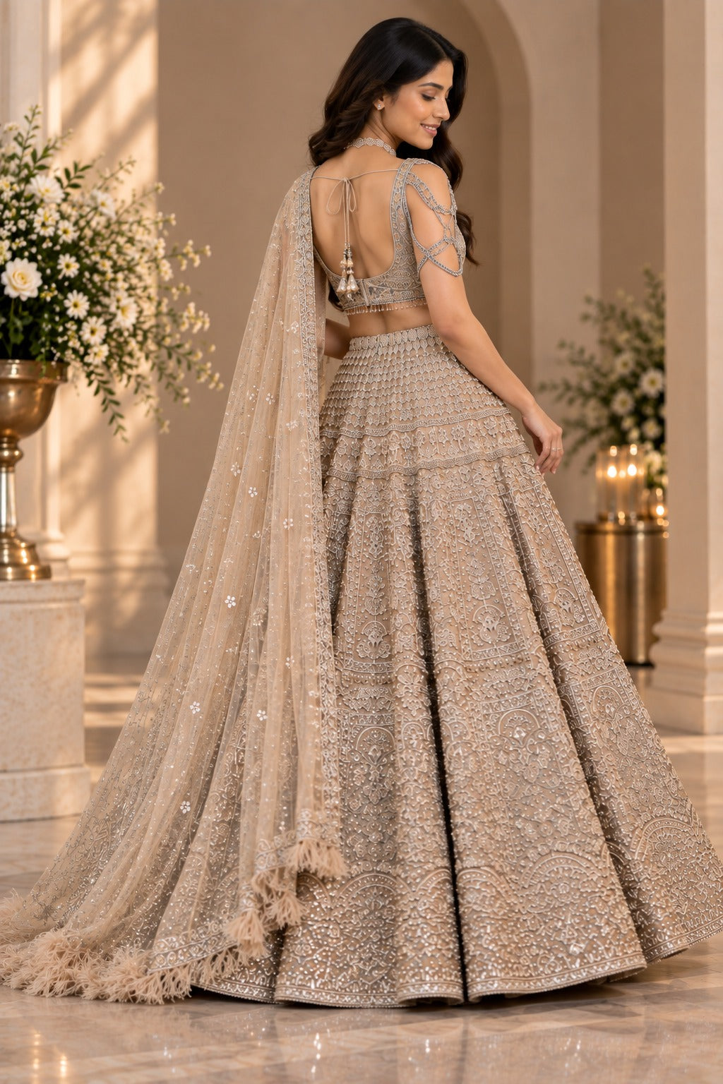 Back view of champagne gold embroidered lehenga blouse with tie-up detail and dupatta